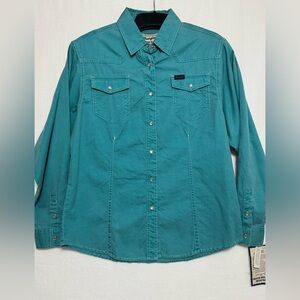 Wrangler Women’s Western Pearl Snap Shirt Blouse VTG 90s Teal NWT